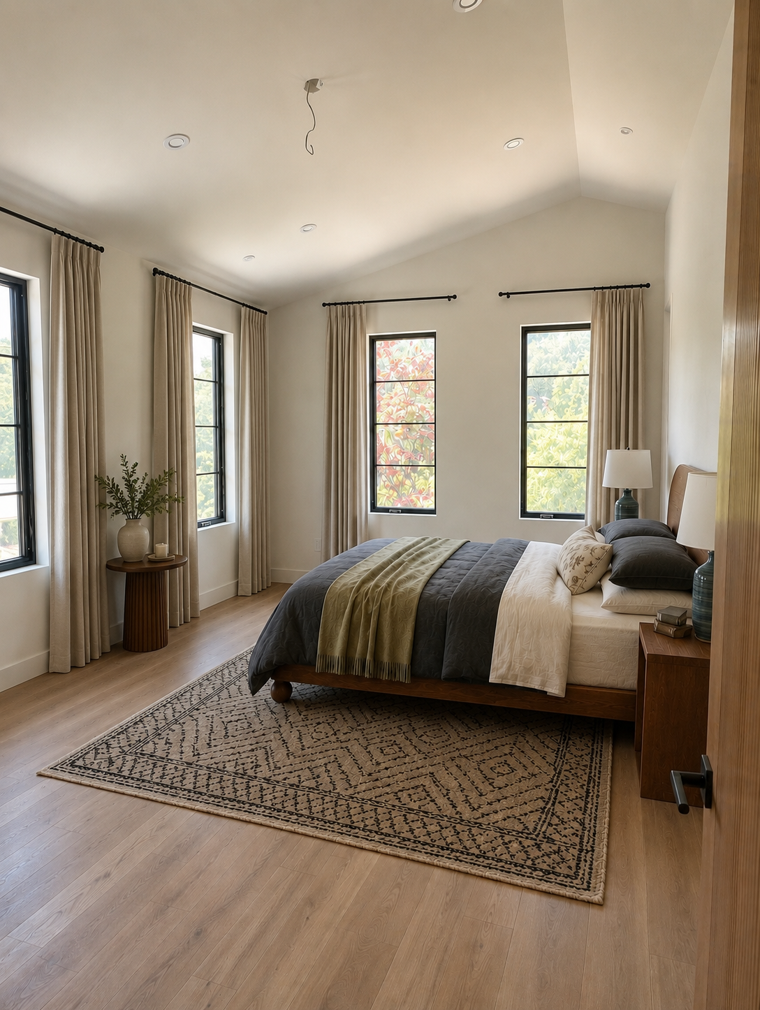 Secondary bedroom with vaulted ceiling, black-framed windows, full-length linen drapery, walnut bed frame, and warm oak flooring.