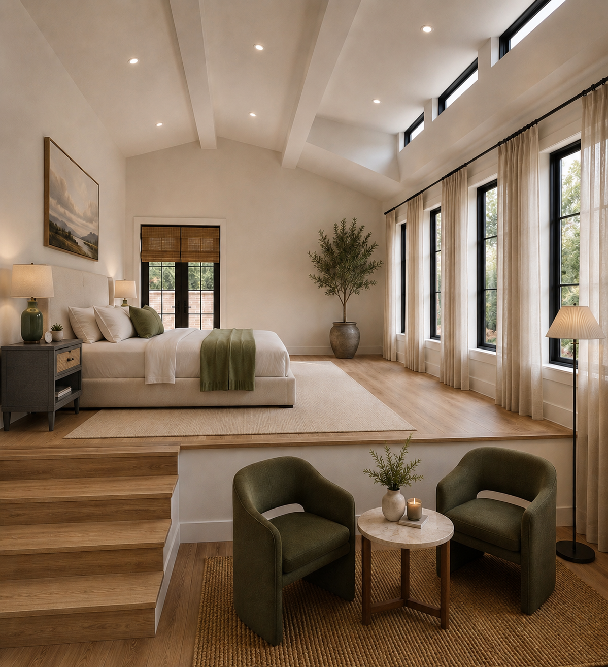 Primary bedroom rendering with vaulted beamed ceiling, oak floors, linen drapery, black-framed windows, and a seating nook with olive-green accent chairs.