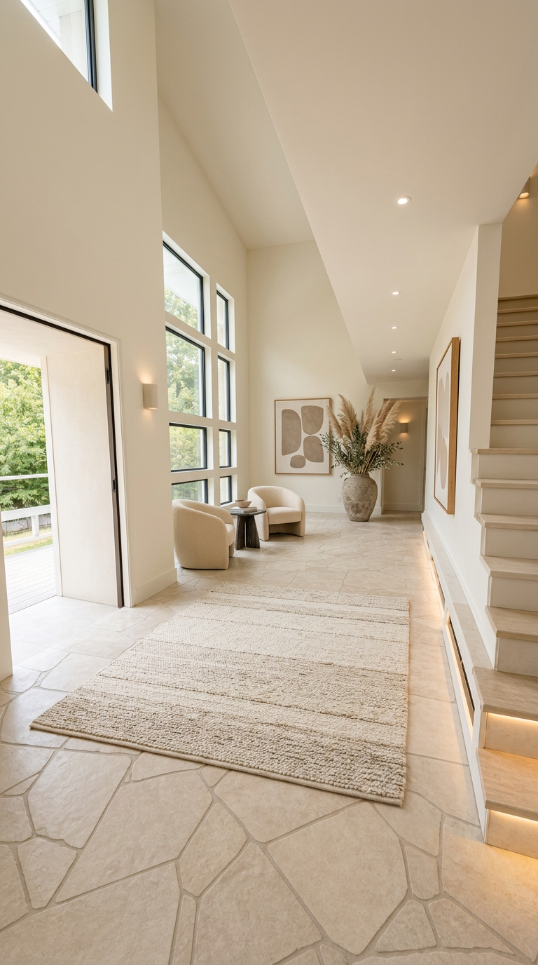 Warm organic-modern staged entry foyer with sculptural linen/boucle accent chairs, tall ceramic vessel with pampas grass, layered textured rugs, minimalist art, and warm lighting matching the primary suite styling.