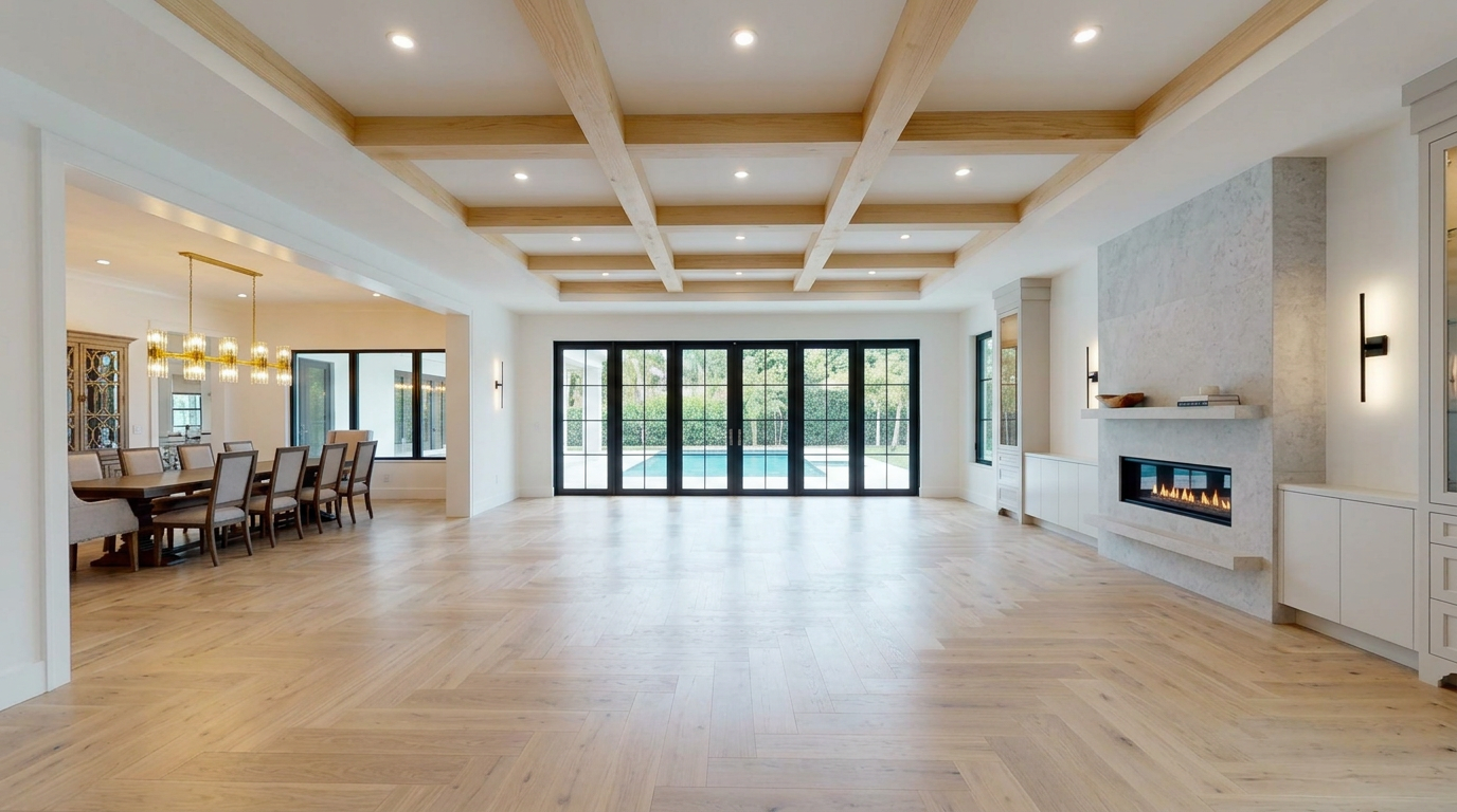 Open great room with herringbone oak floors, recessed cove lighting, and full-height black-framed sliding doors to the rear yard.