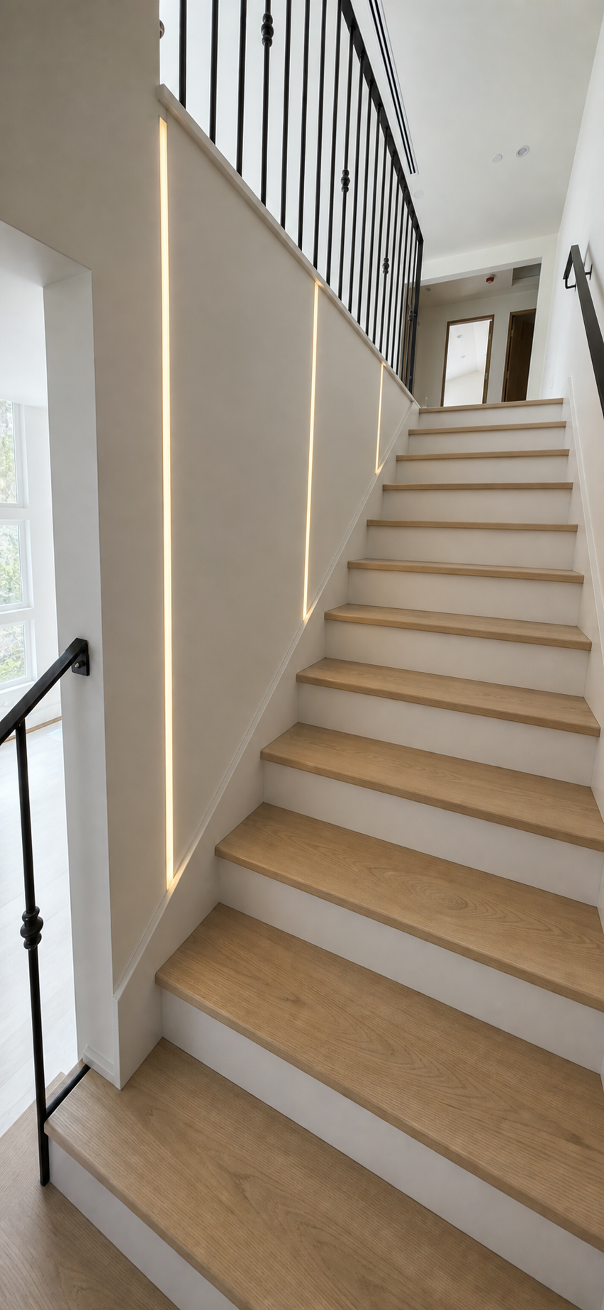 Pale oak stair treads with white risers, black metal railing, and warm linear LED accent lighting along the wall.