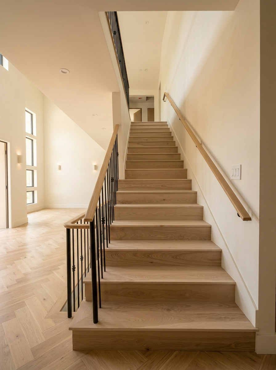 Pale oak stair treads with white risers and black metal railing, opening to the bright foyer with herringbone oak floors.