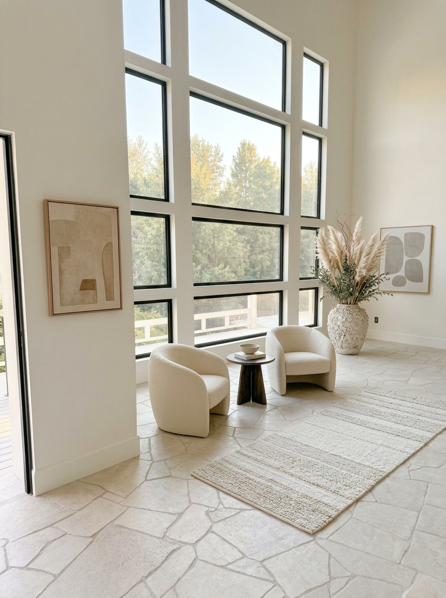 Staged double-height window wall room with sculptural boucle lounge chairs, travertine side table, large ceramic vessel with pampas grass, layered textured rug, and warm golden-hour light.