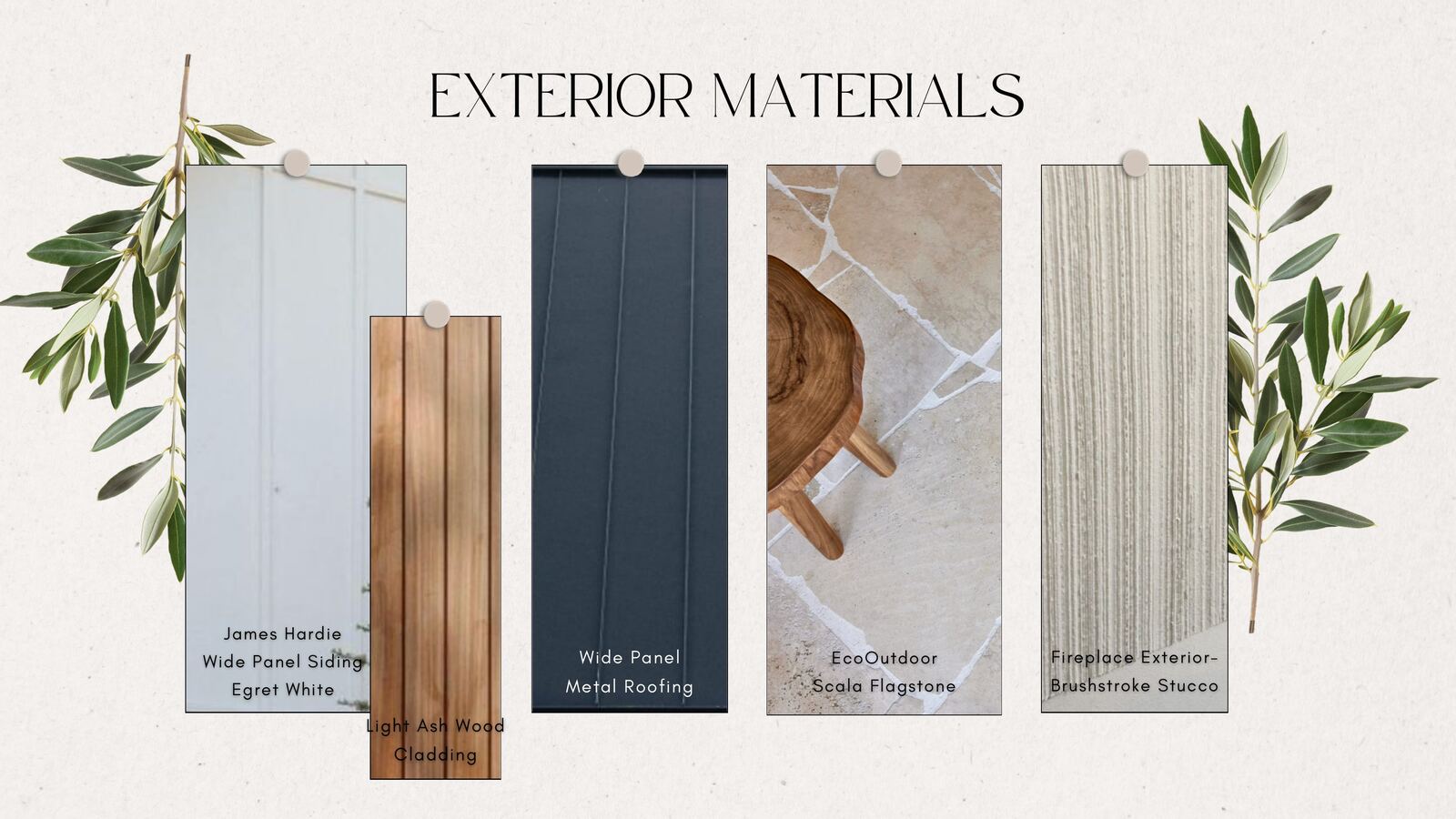 Exterior materials: James Hardie wide panel siding in Egret White, light ash wood cladding, wide panel metal roofing, EcoOutdoor scala flagstone, and brushstroke stucco fireplace.